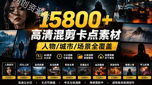 【影视剪辑素材合集】15800+高清混剪卡点｜热门影视精彩片段｜人物/城市/场景全覆盖，中文分类清晰