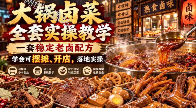 大锅卤菜全套实操教学，一套稳定老卤配方，学会可摆摊、开店，落地实操