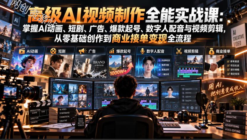 高级AI视频制作全能实战课：掌握AI动画、短剧、广告、爆款起号、数字人配音与视频剪辑，从零基础创作到商业接单变现全流程