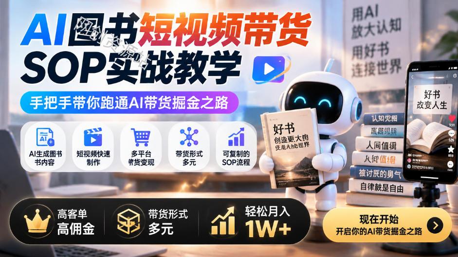 AI图书短视频带货SOP实战教学，手把手带你跑通AI带货掘金之路，高客单高佣金，带货形式多元，轻松月入1W+（更新1012）