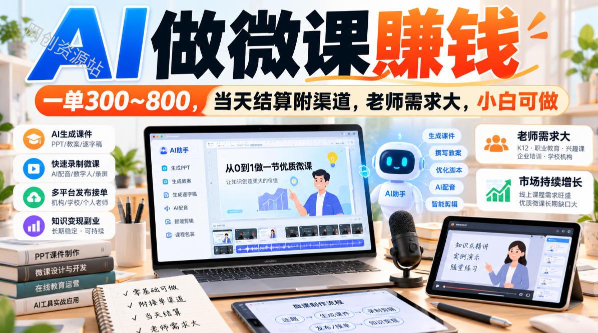 AI做微课賺钱，一单300~800，当天结算附渠道，老师需求大，小白可做