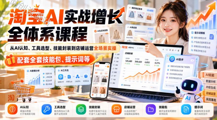 淘宝AI实战增长全体系课程，从AI认知、工具选型、技能封装到店铺运营全场景实操，配套全套技能包、提示词等