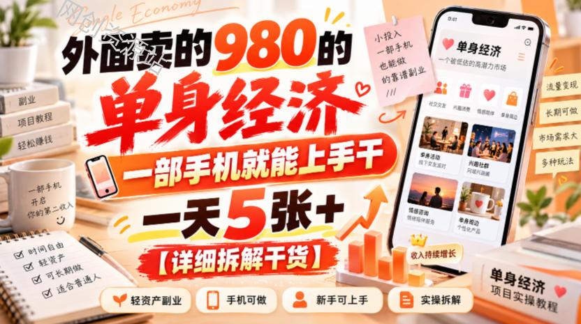 外面卖的980的单身经济，一部手机就能上手干，一天5张+【详细拆解干货】