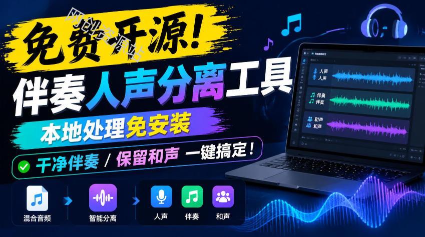 免费开源！伴奏人声分离工具，本地处理免安装，干净伴奏，保留和声一键搞定！