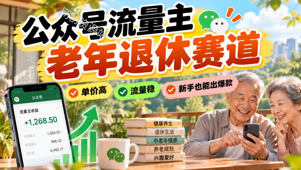 公众号流量主老年退休赛道，单价高，流量稳，新手也能出爆款