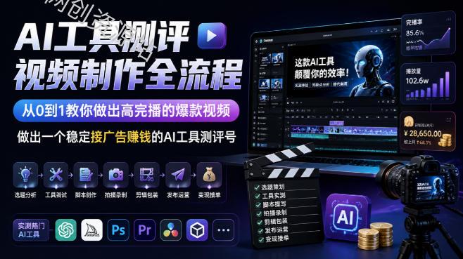 AI工具测评视频制作全流程，从0到1教你做出高完播的爆款视频，做出一个稳定接广告賺钱的AI工具测评号