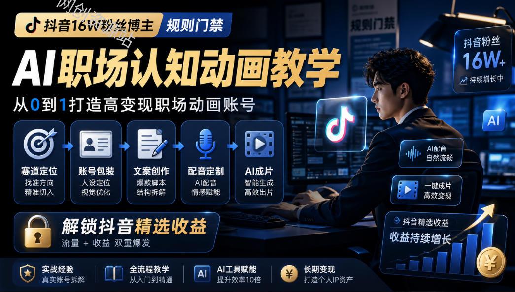 抖音16W粉丝博主规则门禁的AI职场认知动画教学，从赛道定位、账号包装，到文案创作、配音定制、AI成片，解锁抖音精选收益