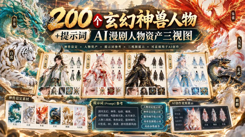 200个玄幻神兽人物+提示词ai漫剧人物资产三视图