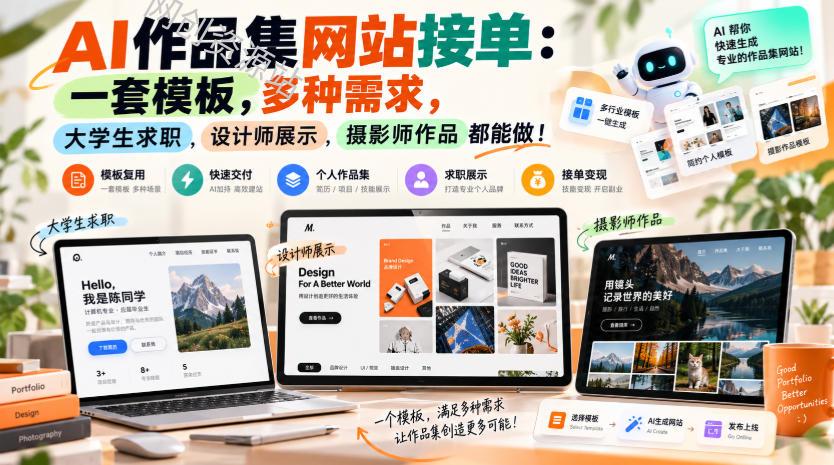 AI作品集网站接单：一套模板，多种需求，大学生求职、设计师展示、摄影师作品都能做！