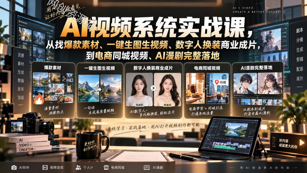 AI视频系统实战课，从找爆款素材、一键生图生视频、数字人换装商业成片，到电商同城视频、AI漫剧完整落地