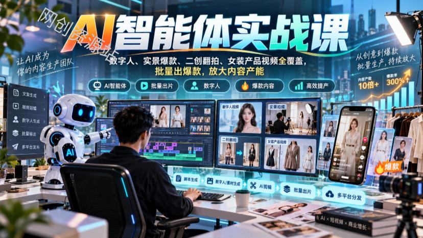 AI智能体实战课,数字人、实景爆款、二创翻拍、女装产品视频全覆盖,批量出爆款,放大内容产能