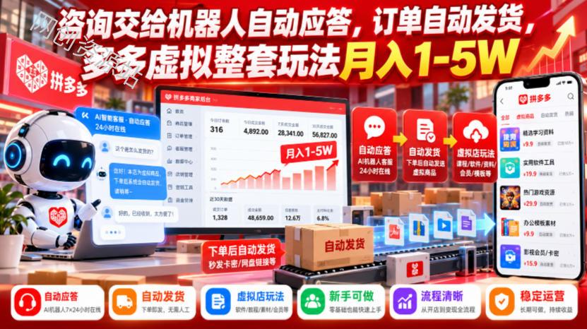 咨询交给机器人自动应答，订单自动发货，多多虚拟整套玩法月入1-5W【揭秘】