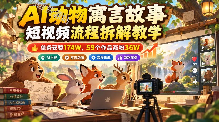 AI动物寓言故事短视频流程拆解教学，单条获赞174W，59个作品涨粉36W