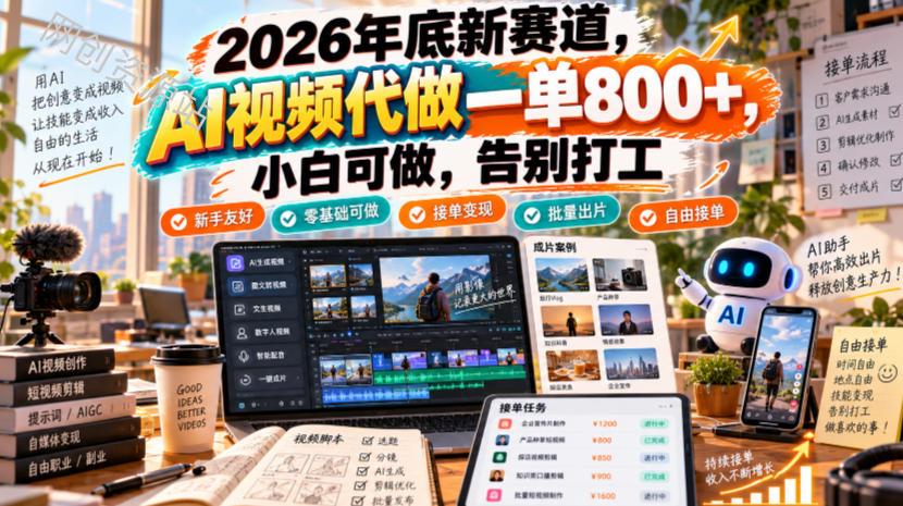 2026年底新赛道,AI视频代做一单800+,小白可做,告别打工