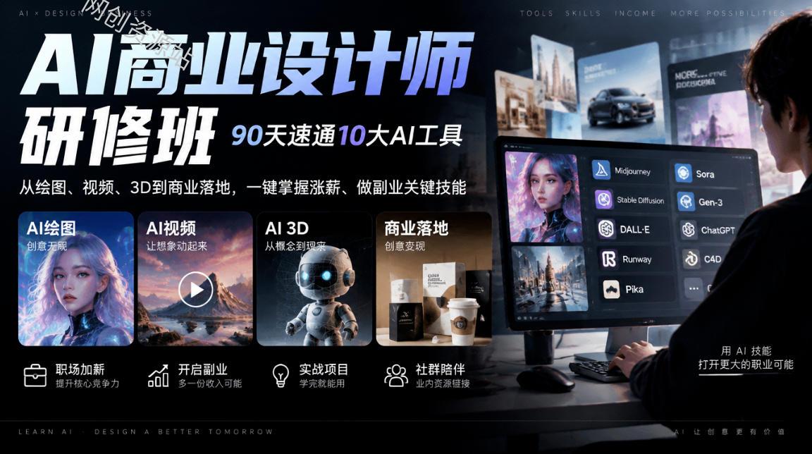 AI商业设计师研修班，90天速通10大AI工具，从绘图、视频、3D到商业落地，一键掌握涨薪、做副业关键技能