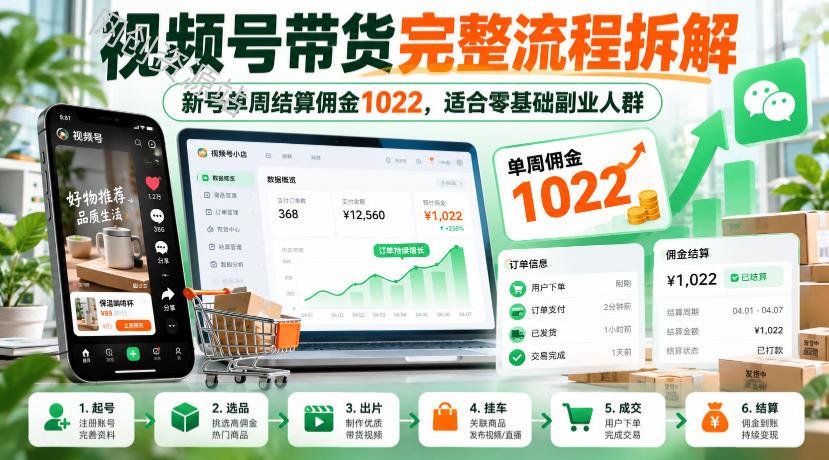 视频号带货完整流程拆解，新号单周结算佣金1022，适合零基础副业人群