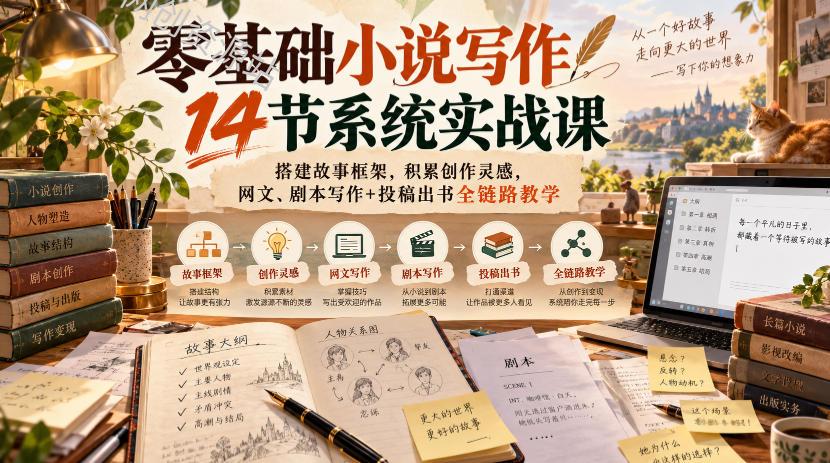 零基础小说写作14节系统实战课，搭建故事框架，积累创作灵感，网文、剧本写作+投稿出书全链路教学