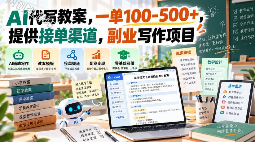 AI代写教案，一单100-500+，提供接单渠道，副业写作项目