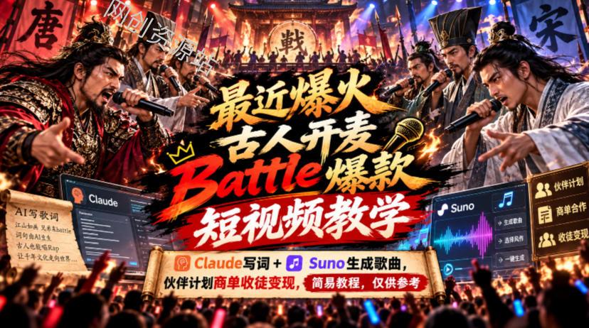 最近爆火古人开麦Battle爆款短视频教学，Claude写词+Suno生成歌曲，伙伴计划商单收徒变现，简易教程，仅供参考