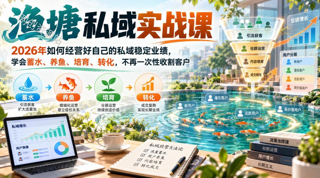 渔塘私域实战课，2026年如何经营好自己的私域稳定业绩，学会蓄水、养鱼、培育、转化，不再一次性收割客户
