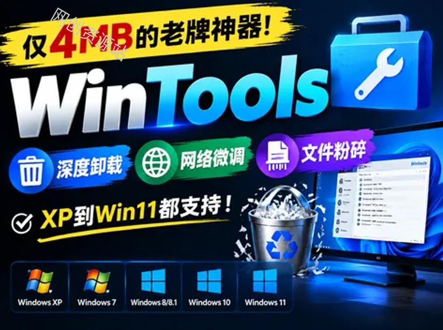 仅4MB的老牌神器！WinTools深度卸载+网络微调+文件粉碎，XP到Win11都支持！