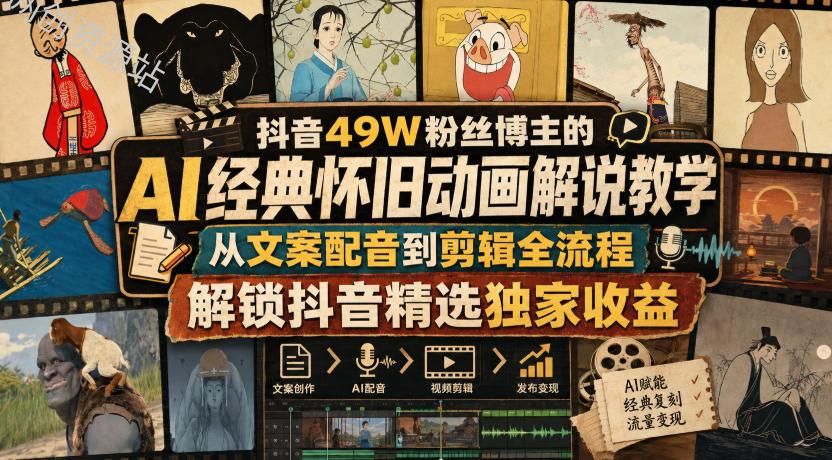 抖音49W粉丝博主的AI经典怀旧动画解说教学，从文案配音到剪辑全流程，解锁抖音精选独家收益